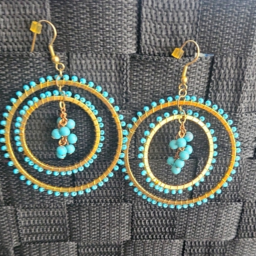 Gold and Turquoise Beaded Hoop Earrings